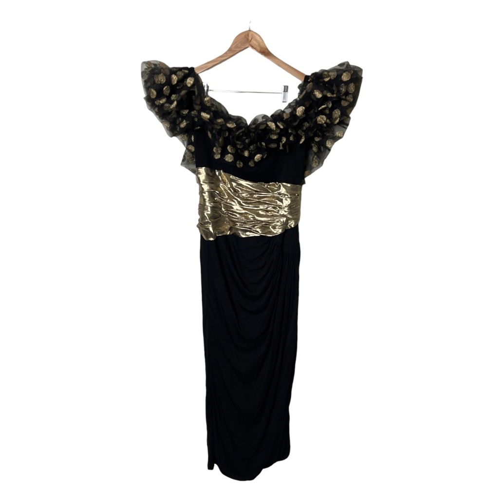Vintage 80s 90s Lillie Rubin Black Jersey Off The shoulder Poofy Dress Gold 8
